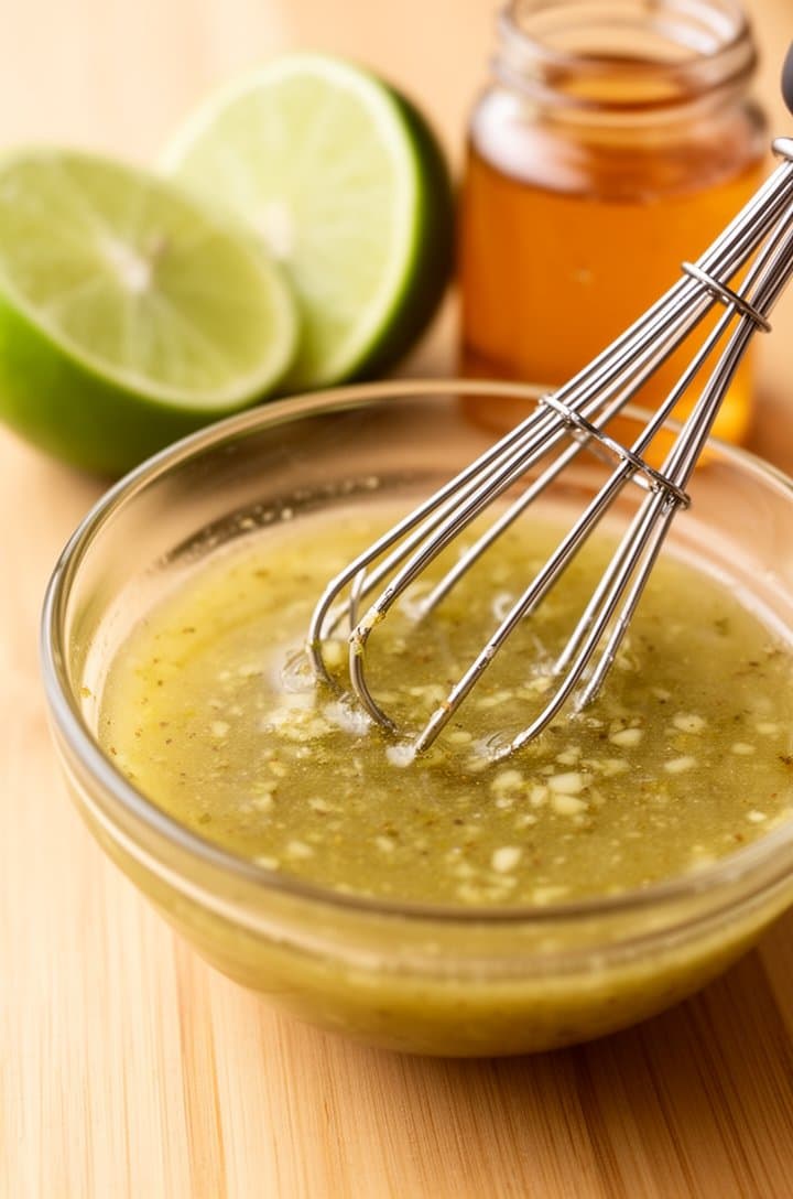 Close-up three-quarter angle of a small glass bowl containing cilantro lime dressing being whisked with a small wire whisk, showing the pale golden-green emulsified liquid with tiny flecks of minced garlic and cumin visible. A halved lime and a small honey jar sit beside the bowl on a light wood surface. Warm natural side lighting, shallow depth of field, professional food photography