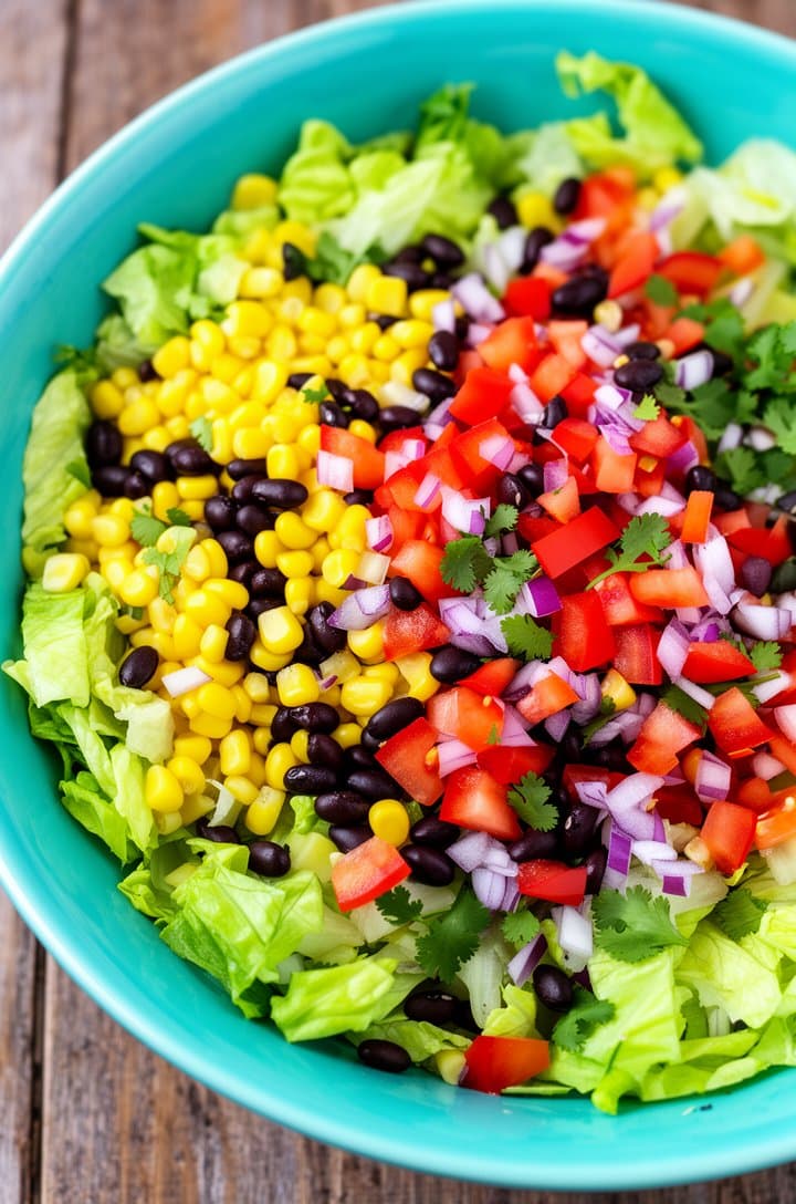 Overhead shot of a large turquoise ceramic bowl with all the chopped salad ingredients freshly tossed together — yellow corn, black beans, red peppers, tomatoes, purple onion, and cilantro mixed through crisp chopped romaine. No dressing yet, showing the colorful contrast of raw ingredients. Bright natural overhead lighting, vibrant saturated colors, slightly rustic wood surface beneath
