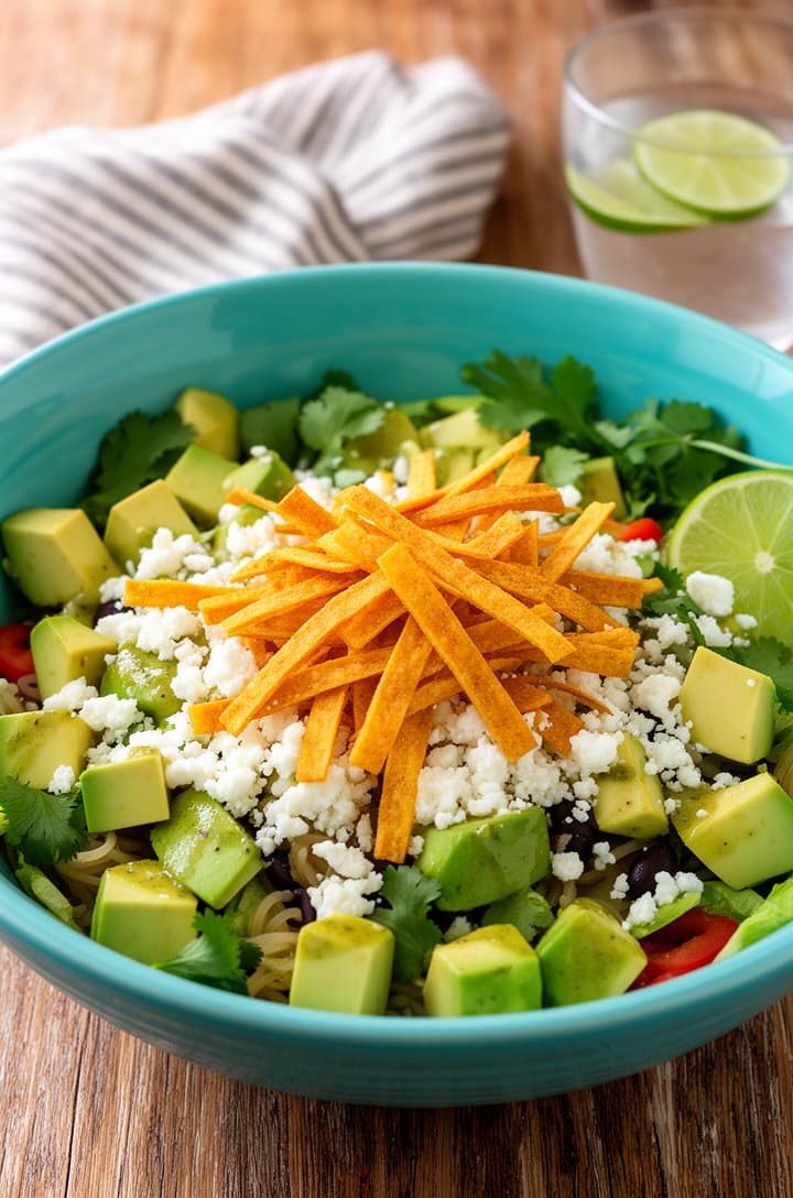 Three-quarter overhead angle of the fully assembled Mexican salad in a wide turquoise ceramic bowl — dressed and glistening, topped with diced creamy avocado cubes, crumbled white cotija cheese, and a generous pile of golden crispy baked tortilla strips in the center. Fresh cilantro garnish and a lime wedge on the rim. Warm natural side lighting casting soft shadows, a striped linen napkin and a glass of water with lime in soft focus in the background, weathered honey-toned wood table surface