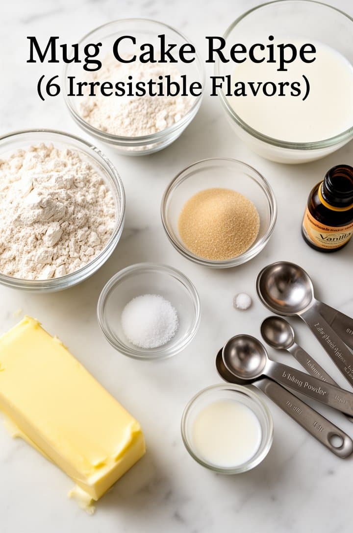 Overhead flat-lay of all mug cake dry ingredients measured into small glass prep bowls on a white marble surface — all-purpose flour in one bowl, granulated sugar in another, a tiny bowl of baking powder, a pinch of salt, with measuring spoons scattered around, a stick of butter beginning to soften, a small glass of milk, and a bottle of vanilla extract, bright natural window lighting, clean organized mise en place styling, professional food blog photography