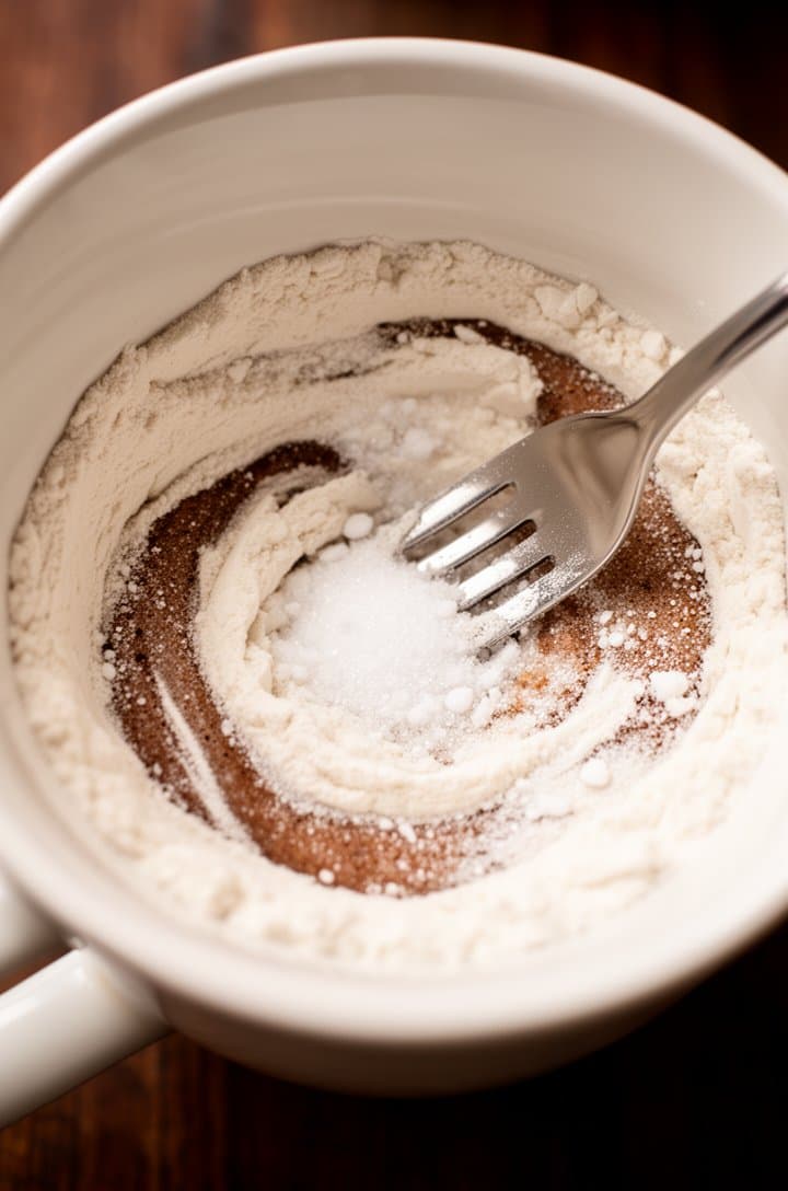 Close-up top-down shot looking into a large white ceramic mug, a fork stirring together flour, sugar, and baking powder, the dry ingredients still slightly separated showing streaks of white flour and sugar crystals, the fork creating a swirl pattern in the powder, warm soft side lighting, dark wood surface visible around the mug rim, shallow depth of field on the fork tines
