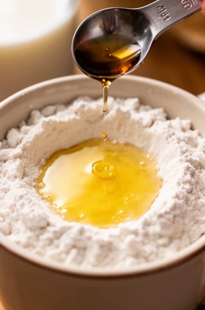 45-degree angle close-up of melted butter and milk being poured into the mug over the dry ingredients, the golden butter creating a pool in the center of the white flour mixture, a few drops of vanilla extract visible mid-pour from a measuring spoon, the batter beginning to come together at the edges, warm natural lighting, professional food photography