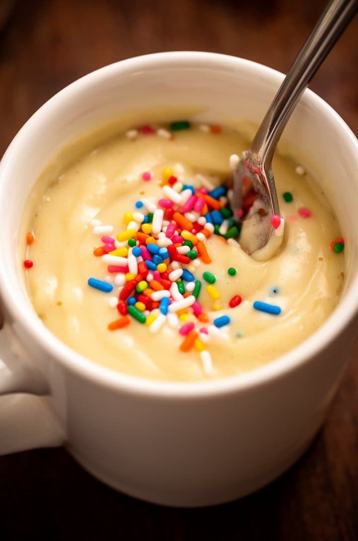 Close-up of a fork stirring smooth mug cake batter in a white ceramic mug, the batter pale golden and glossy with rainbow sprinkles beginning to be folded in, some sprinkles still sitting on top of the smooth surface, the fork leaving a trail through the batter showing its pourable consistency, warm side lighting, dark wood surface, shot from slightly above at 30 degrees