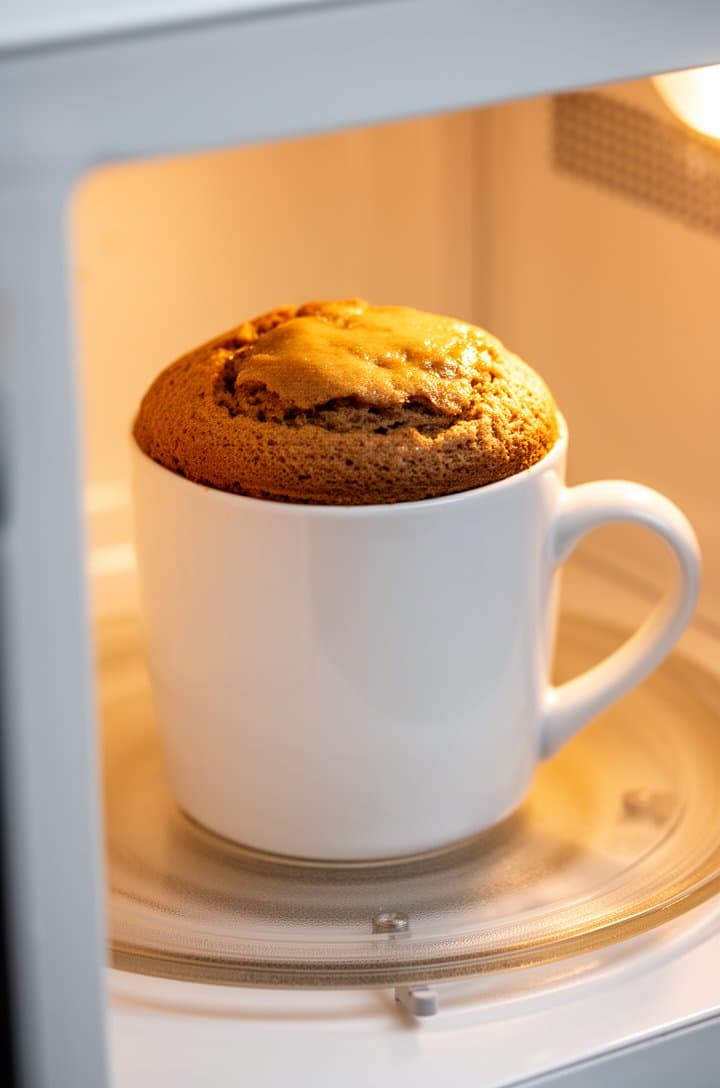 Side-angle shot of a white ceramic mug sitting inside an open microwave, the mug cake risen and slightly domed with a barely shiny top surface, the cake looking just set with a slight wobble visible, warm interior microwave light illuminating the scene, the mug centered on the turntable, clean and bright, shot through the open microwave door frame