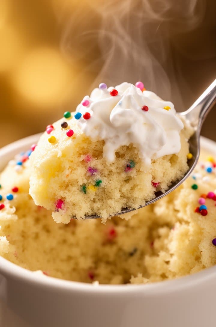 Extreme close-up macro shot of a spoon scooping into a finished vanilla mug cake, the fluffy tender crumb pulling apart to reveal the soft steaming interior, sprinkles dotted throughout the cross-section, a dollop of whipped cream melting on top, shot from 6 inches away filling the entire frame, warm golden side lighting, creamy bokeh background, steam wisps rising, professional food blog hero photography