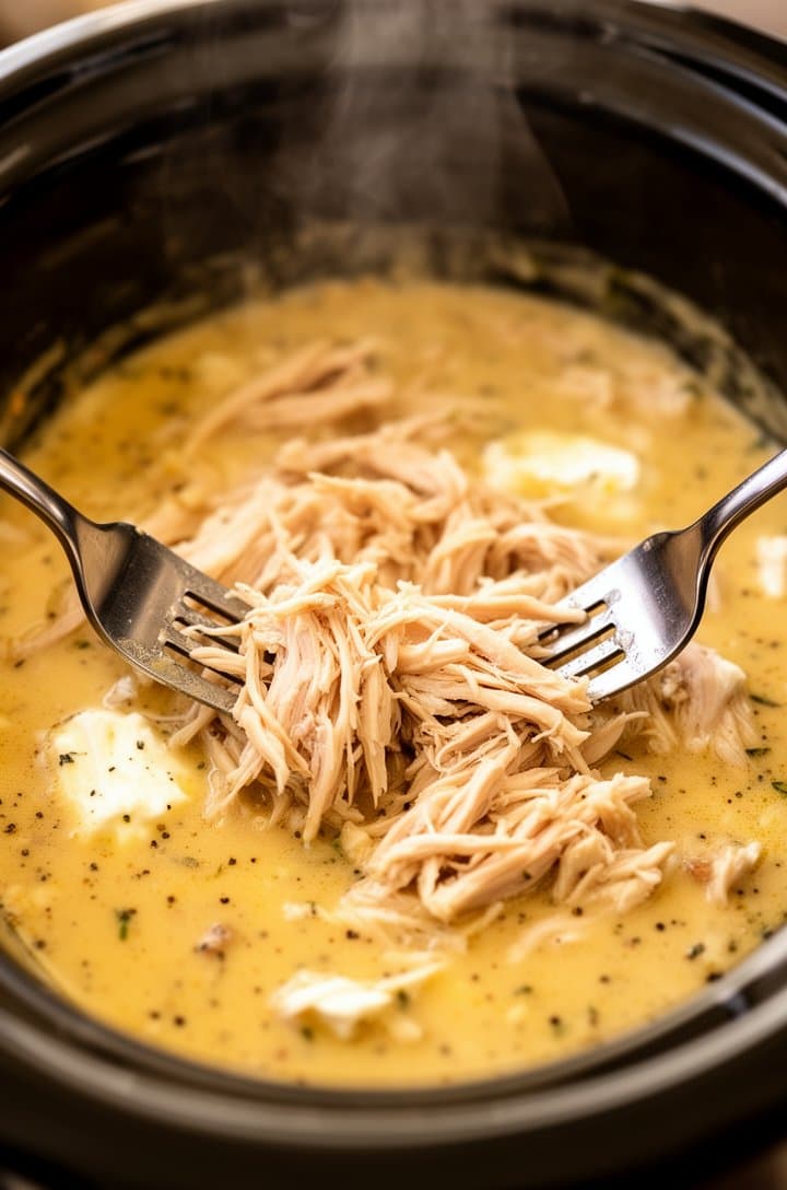 Close-up overhead of shredded chicken in the slow cooker after cooking, two forks pulling the tender chicken apart in the creamy golden sauce, cream cheese fully melted and incorporated, visible herbs and pepper specks in the thick sauce, steam rising, warm lighting