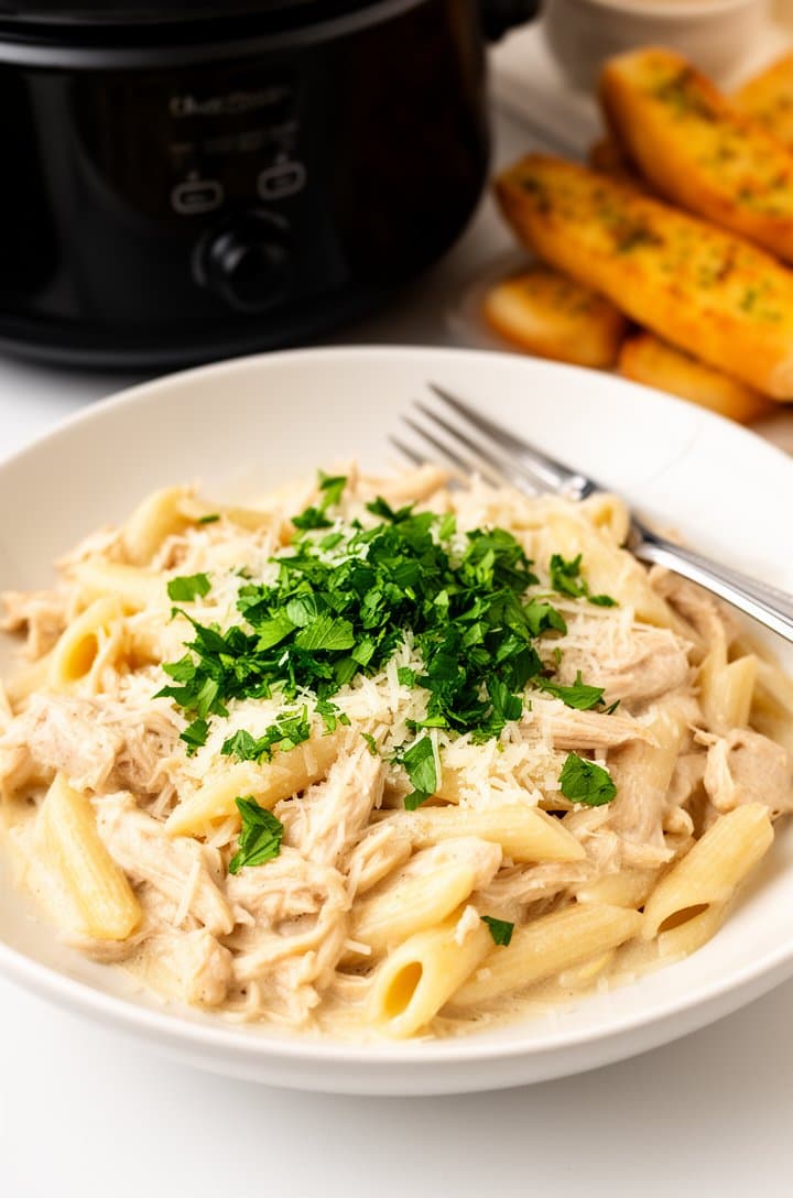 Final plated shot of a generous serving of creamy Olive Garden chicken penne pasta in a shallow white ceramic bowl, topped with freshly chopped bright green parsley and grated parmesan, a fork resting on the bowl's edge, the black slow cooker and warm garlic breadsticks blurred in the background, clean light surface, warm natural side lighting, professional food blog photography