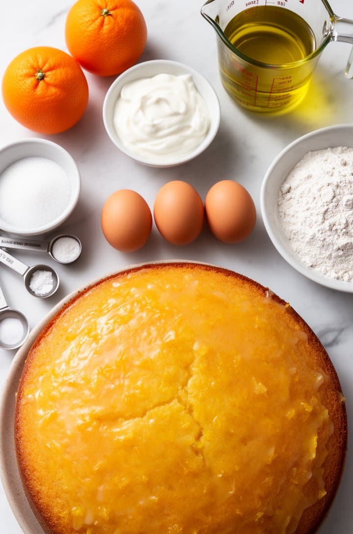 Overhead flat-lay of all ingredients for orange cake arranged on a white marble countertop — three whole navel oranges, a glass measuring cup of golden olive oil, a small white bowl of thick Greek yogurt, three eggs in a row, a bowl of white sugar, measuring spoons with baking powder and salt, a cup of flour, warm natural daylight casting soft shadows, clean minimalist food photography styling