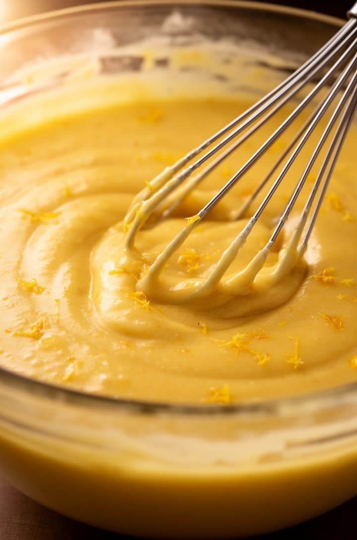 Side-angle shot of smooth golden cake batter in a large glass mixing bowl with a whisk resting in it, the batter glossy and thick with a pale yellow-orange color, small flecks of zest visible, warm lighting from the left side, shallow depth of field
