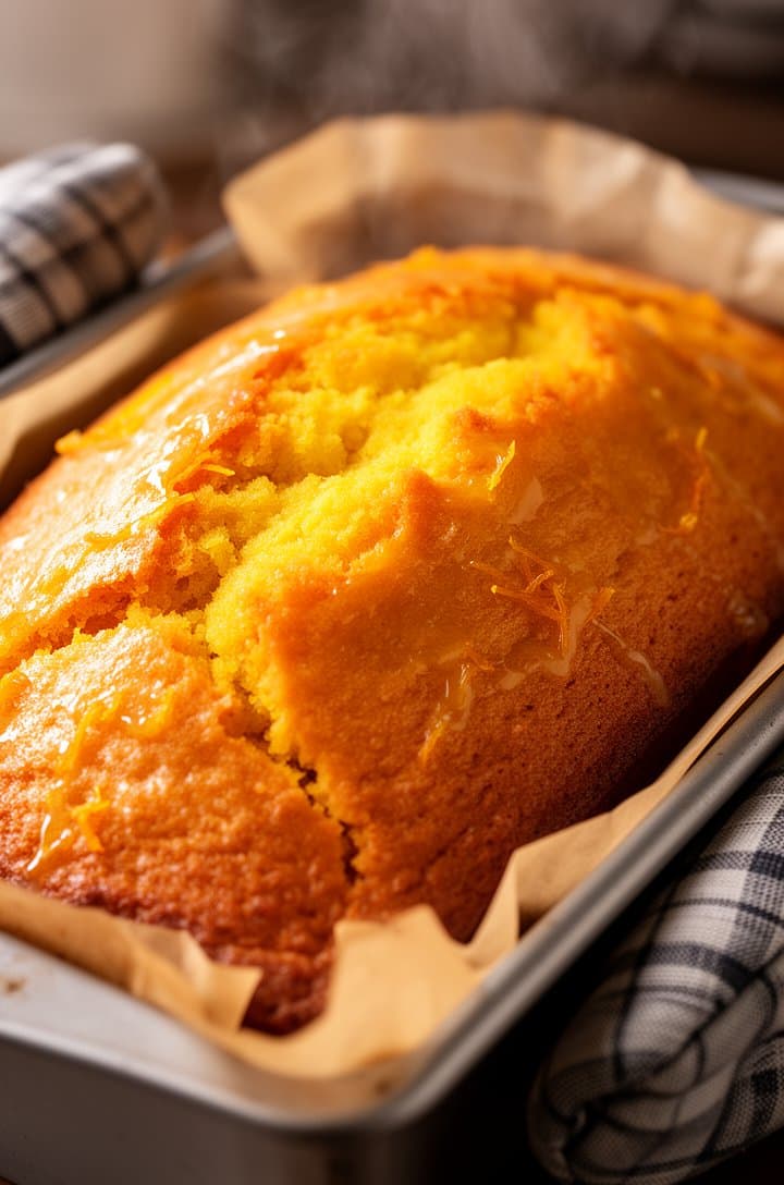 45-degree angle of a golden-brown orange loaf cake still in the parchment-lined loaf pan fresh from the oven, the top domed and deeply golden with hairline cracks along the surface, warm kitchen lighting, steam barely visible rising from the cake, oven mitts visible at the edge of frame