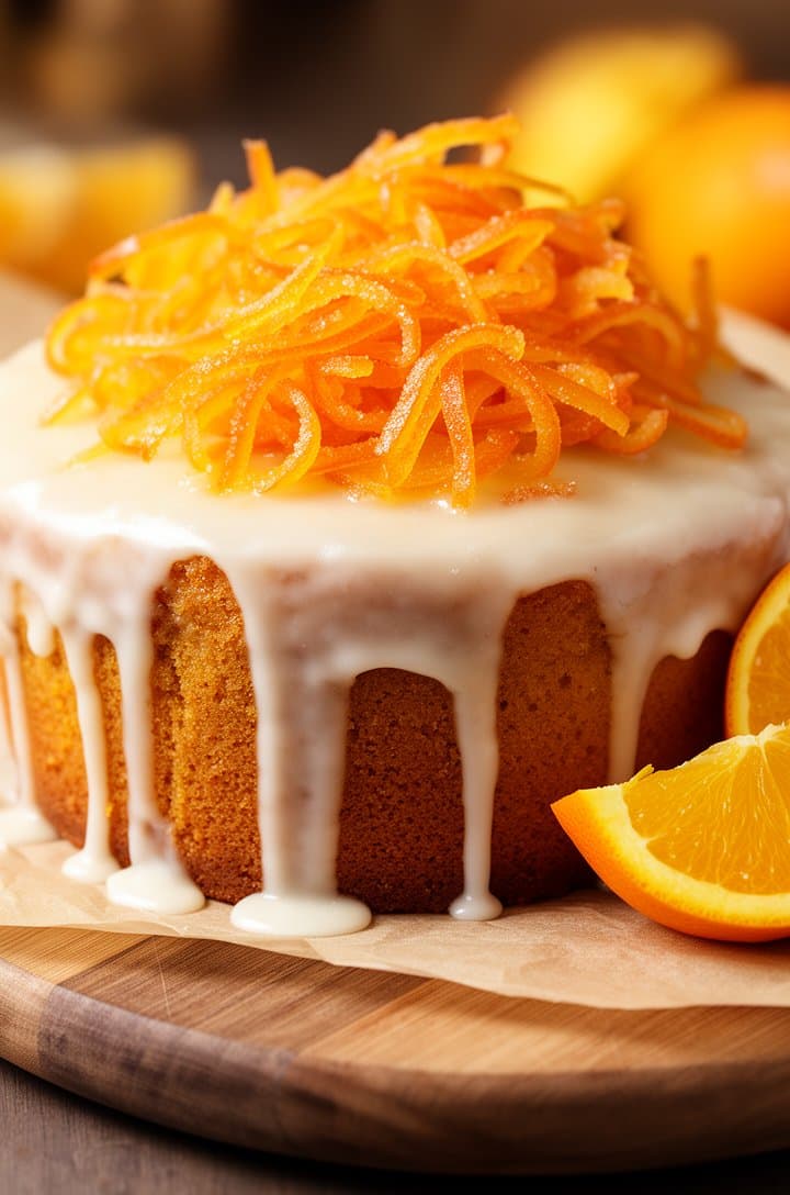 Front-angle shot of the finished orange cake on a wooden cutting board lined with parchment paper, thick white citrus glaze dripping unevenly down all sides, a generous pile of translucent candied orange peel curls on top glistening with sugar, fresh orange halves arranged beside the cake, warm natural side lighting, shallow depth of field with creamy blurred background, styled like a professional food blog hero image