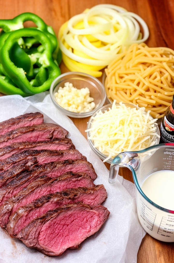 Overhead flat-lay of all recipe ingredients arranged on a warm wooden surface — thin-sliced raw ribeye on parchment paper, thickly sliced green bell pepper, yellow onion rings, minced garlic in a small prep bowl, a pile of shredded provolone cheese, a nest of dried pappardelle, a glass measuring cup of heavy cream, and Worcestershire sauce. Bright natural daylight from upper left, clean professional food blog styling