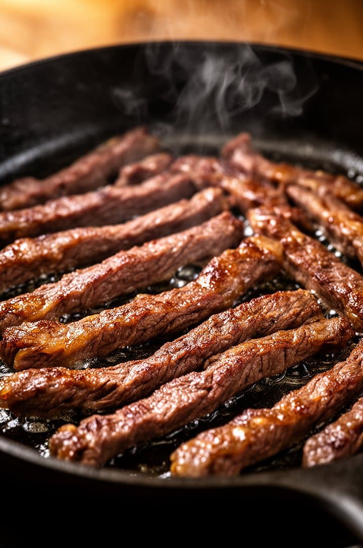 Close-up 45-degree angle of thin ribeye steak strips searing in a smoking-hot black cast iron skillet, deep golden-brown crust forming on the seared surfaces, rendered fat glistening around the meat strips, small wisps of steam rising. Warm dramatic side lighting, shallow depth of field blurring the far edge of the skillet