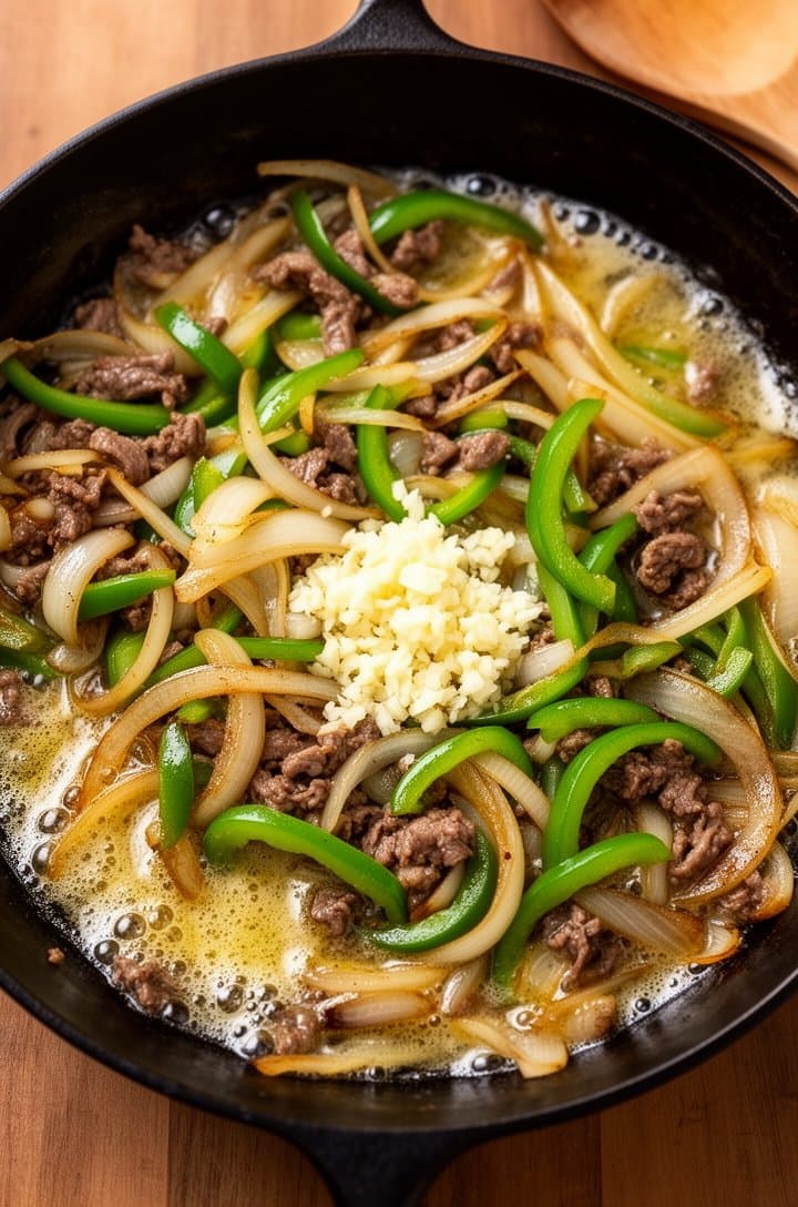 Overhead shot of sliced onions and green bell pepper strips sautéing in melted butter in a cast iron skillet, edges turning golden and caramelized, butter pooling around the vegetables, minced garlic just added and starting to become fragrant. Warm natural lighting on a wooden surface, wooden spoon visible at the edge
