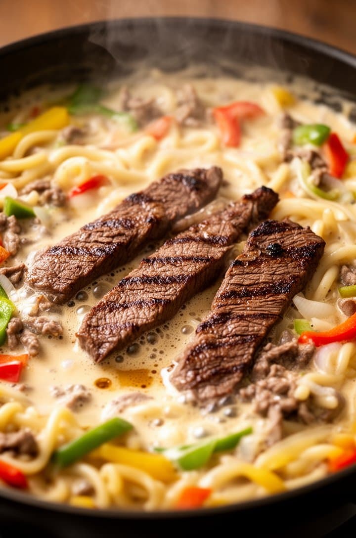 45-degree angle shot of the cream sauce simmering in the skillet with peppers and onions, heavy cream bubbling gently and thickened slightly, Worcestershire sauce darkening the sauce to a light golden-tan color, seared steak strips just returned to the pan. Warm side lighting, shallow depth of field, steam rising from the surface