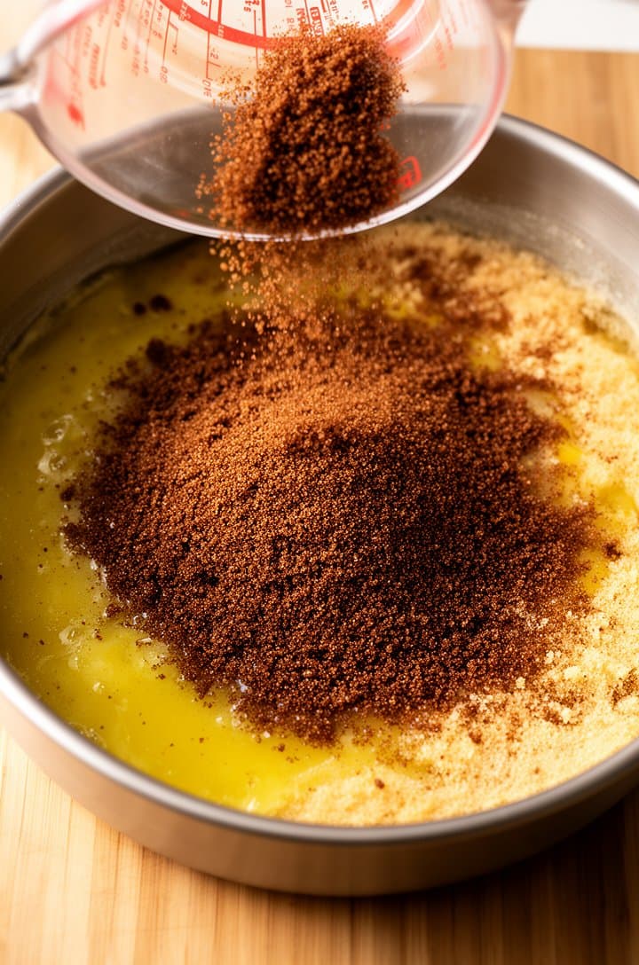 Overhead flat-lay of a 9-inch round cake pan with melted butter pooled across the bottom, dark brown sugar being sprinkled from a measuring cup over the butter in an even layer. Some areas show the butter and sugar starting to combine into a sandy wet mixture. Warm natural side lighting from the left, stainless steel pan on a wooden cutting board, clean bright composition, professional food photography