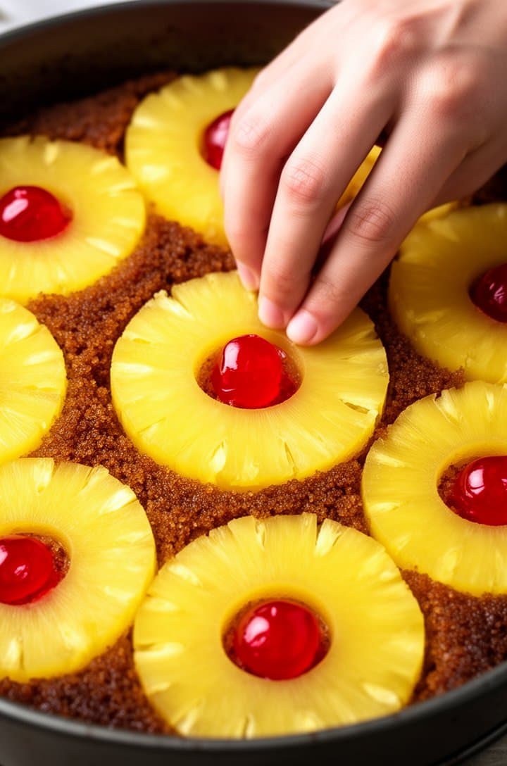 Overhead close-up of golden canned pineapple rings arranged in a concentric pattern inside a cake pan over the brown sugar layer, bright red maraschino cherries nestled in the center of each ring. A hand is pressing the last cherry into place. Vibrant yellows and reds against the dark amber brown sugar, natural daylight, shallow depth of field with the edges slightly soft