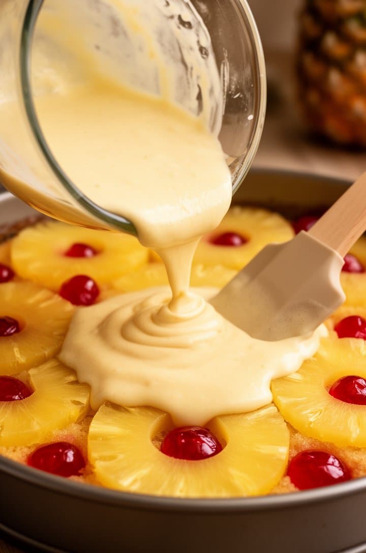 45-degree angle shot of vanilla cake batter being poured from a glass mixing bowl over the arranged pineapple rings and cherries in the cake pan. The pale yellow batter is thick and flowing slowly, partially covering the fruit layer. A rubber spatula guides the batter. Warm kitchen lighting, the colorful fruit layer still visible at the edges beneath the batter