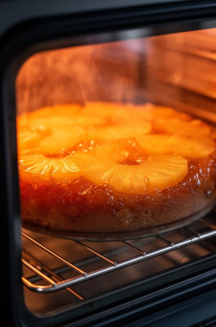 Side-angle shot through the oven door window of the pineapple upside down cake baking, the top golden-brown and slightly domed, the edges bubbling with caramel. Warm orange oven glow, slightly steamy atmosphere, wire oven rack visible, the cake pan centered on the middle rack