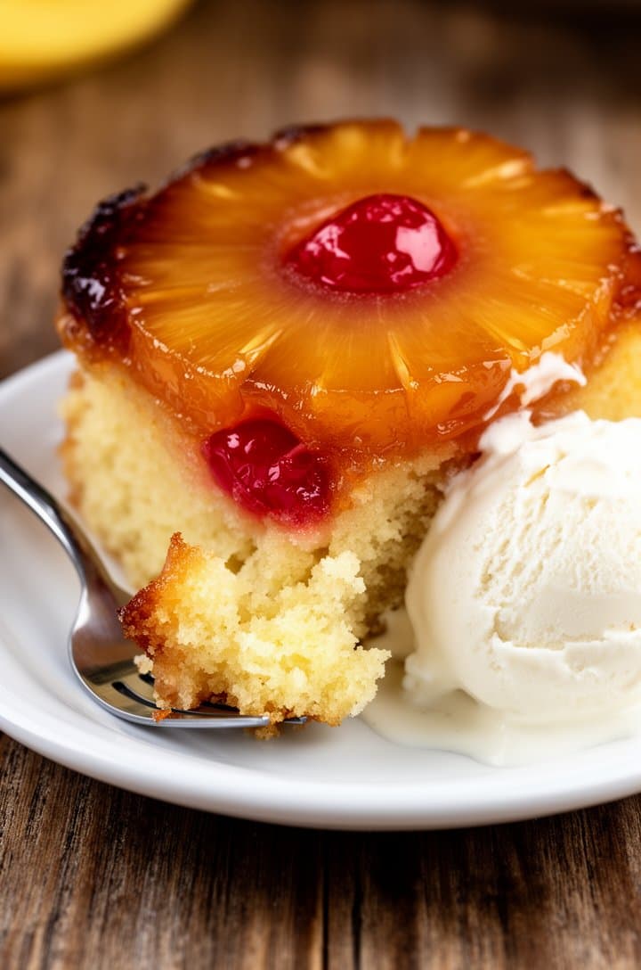 Close-up 45-degree angle of a single generous slice of pineapple upside down cake on a small white plate, showing the cross-section layers — glossy dark amber caramel on top, translucent golden pineapple ring, bright red cherry half, and moist fine-crumbed vanilla cake beneath. A fork has broken through the tip of the slice revealing the tender interior. A scoop of vanilla ice cream melting beside the slice. Warm natural lighting from the right, shallow depth of field, rustic wooden table surface