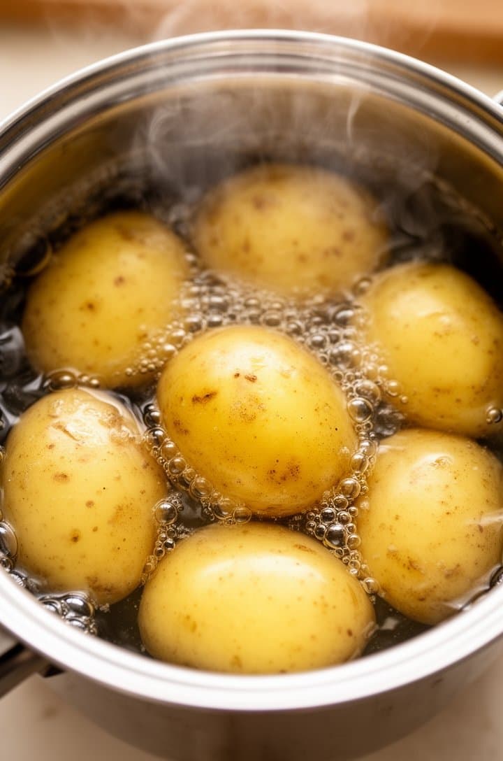 Overhead shot of whole unpeeled Yukon Gold potatoes simmering in a large stainless steel pot of salted boiling water, gentle bubbles rising to the surface, steam curling upward. The potatoes are golden-skinned and just submerged. Shot from directly above, bright natural kitchen lighting, clean stainless steel rim of pot visible, warm neutral countertop blurred in background