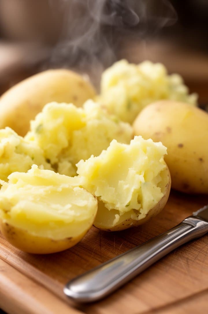 Close-up 45-degree angle of freshly boiled and drained Yukon Gold potatoes on a wooden cutting board, steam rising from the tender flesh. Some potatoes halved to show the buttery creamy interior. A knife resting beside them. Warm natural side lighting highlighting the golden color and soft texture, shallow depth of field