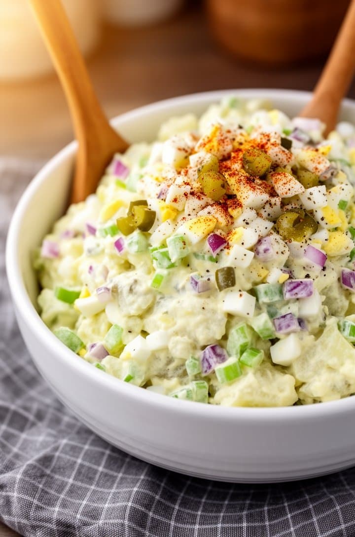 Side-angle shot of the fully assembled potato salad in a large white ceramic bowl, piled generously with a slight mound in the center. Chunky potato pieces coated in creamy dressing, chopped egg whites, bright green celery pieces, finely diced red onion with purple edges, and small chopped dill pickle bits visible throughout. A dusting of paprika across the top and fresh black pepper. Wooden serving spoon inserted at an angle. Warm natural side lighting from the left, gray checkered linen napkin underneath, shallow depth of field with soft bokeh background