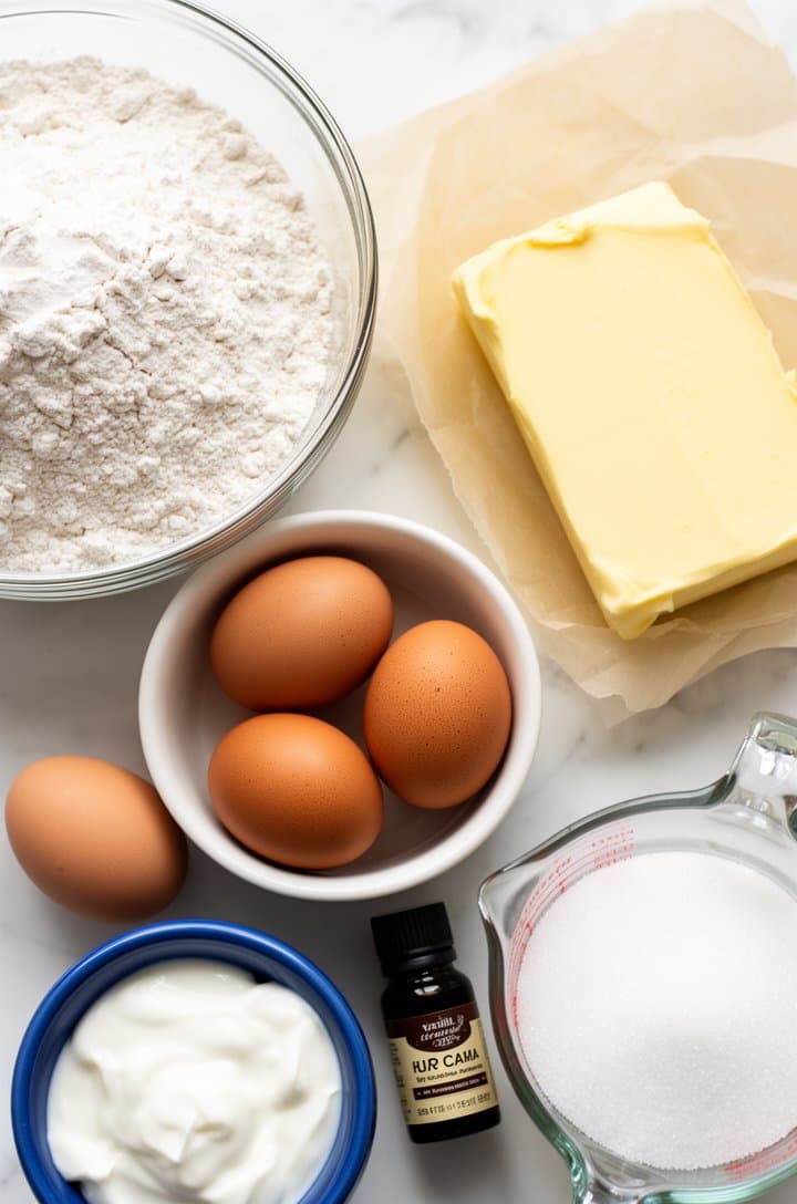 Overhead flat-lay of all pound cake ingredients neatly arranged on a white marble surface — a glass bowl of sifted white flour, a block of softened pale yellow butter on parchment, four brown-shelled eggs in a small white ceramic bowl, a blue ramekin of white sour cream, a small dark bottle of vanilla extract, and a glass measuring cup of granulated white sugar. Bright diffused natural light from upper left, minimal clean styling, soft short shadows, professional food blog photography