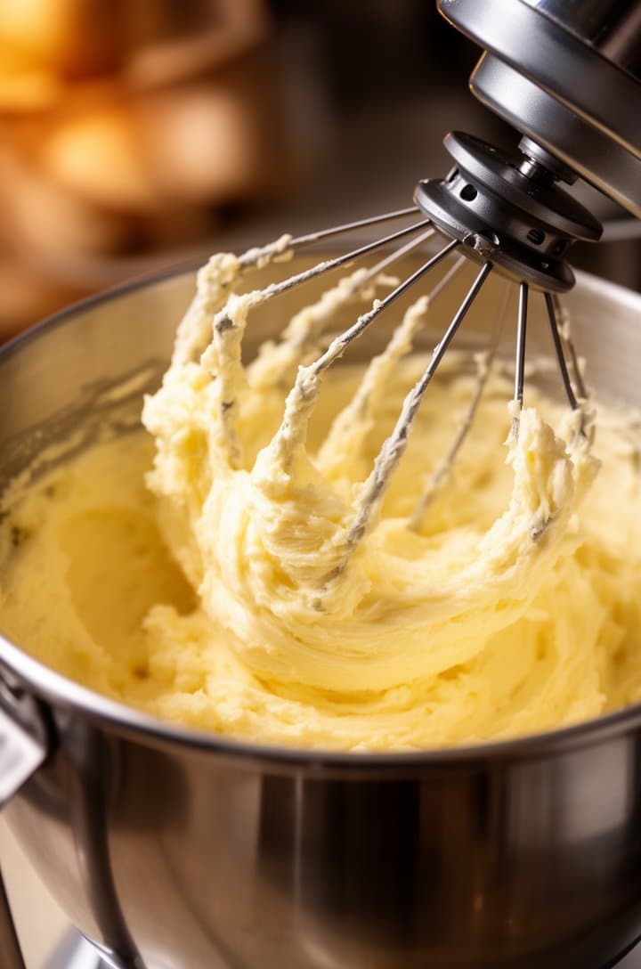 Close-up 45-degree angle of a stand mixer bowl with pale yellow creamed butter and sugar mixture, light and fluffy with visible air incorporation, the whisk attachment coated in smooth batter, stainless steel bowl catching warm side lighting, blurred kitchen background with shallow depth of field
