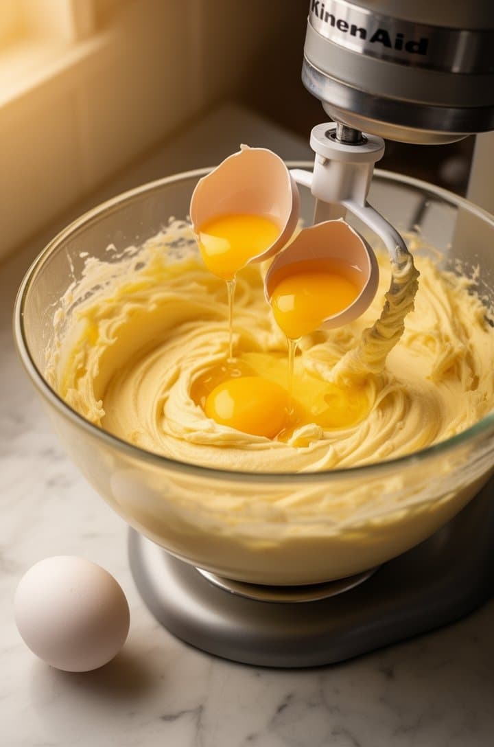 Side-angle shot of four eggs being cracked one at a time into the creamed butter-sugar mixture in a stand mixer bowl, one whole egg sitting on the marble counter beside the bowl, the batter smooth and pale yellow, warm kitchen lighting from the left, shallow depth of field