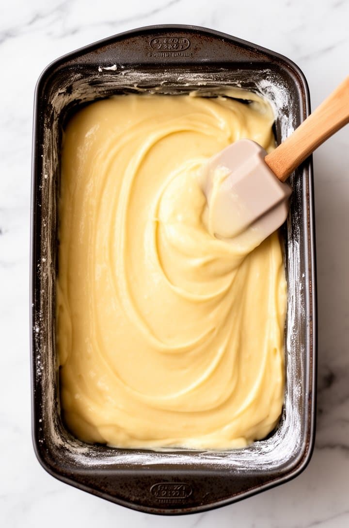 Overhead shot of thick glossy pound cake batter in a buttered and floured 9x5-inch dark metal loaf pan, the surface smoothed with a rubber spatula resting on the edge, the batter pale golden and silky, white marble countertop beneath, bright natural lighting, clean composition