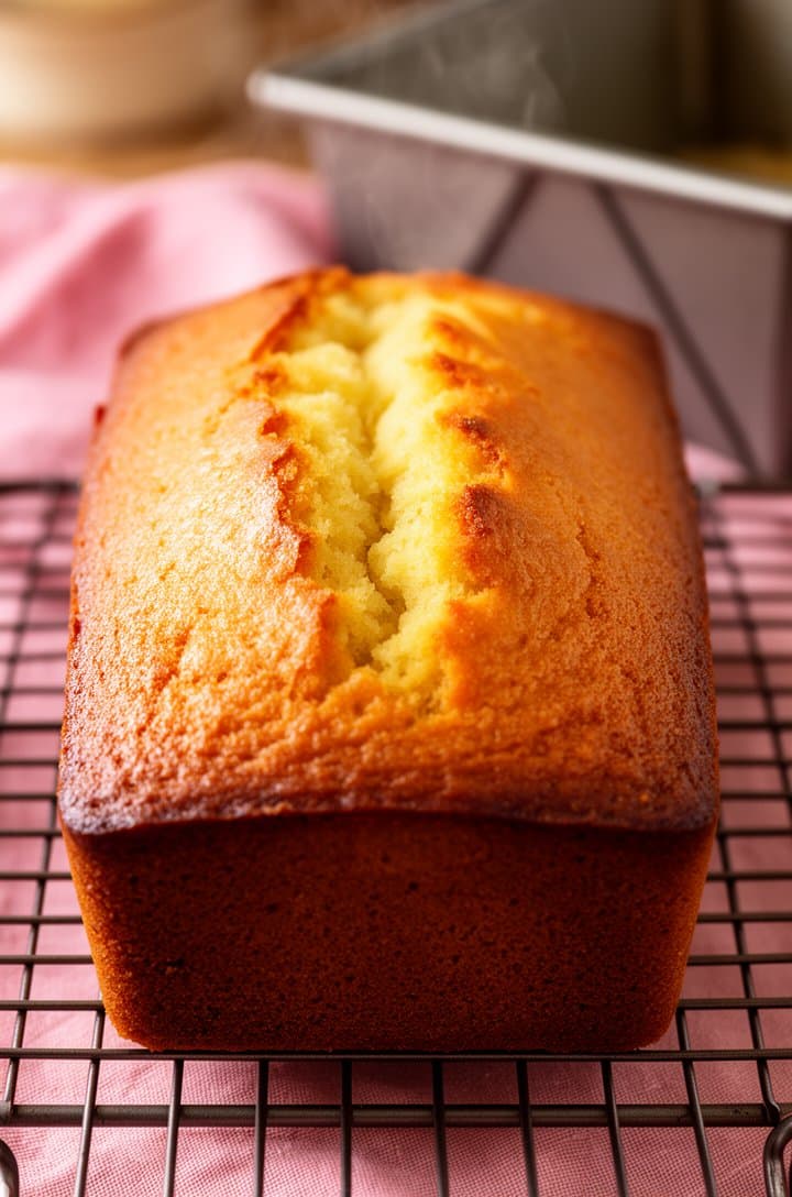 Front-facing shot of a golden pound cake loaf cooling on a wire rack, the top deeply golden-brown and crackled down the center, the sides showing a smooth caramelized crust, warm ambient kitchen lighting, a pink linen cloth and the empty loaf pan blurred in the background, steam barely visible rising from the surface