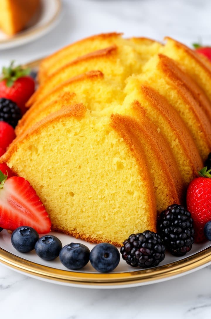 Close-up 35-degree angle of a whole sliced pound cake on a gold-rimmed serving tray, thick slices fanned out revealing the dense buttery yellow interior crumb with fine tight texture, the thin golden-amber crust visible on each slice, scattered fresh mixed berries (halved strawberries, whole blueberries, blackberries) around the tray, soft natural light from the upper left, white marble surface, shallow depth of field with creamy bokeh on background elements