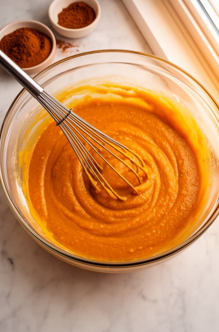 Overhead flat-lay of a large glass mixing bowl filled with smooth, vibrant orange pumpkin custard mixture after whisking — eggs, pumpkin puree, evaporated milk, and sugar fully combined. A whisk rests in the bowl, small bowls of cinnamon and pumpkin pie spice nearby on a light marble countertop, warm natural window lighting from the right, clean composition