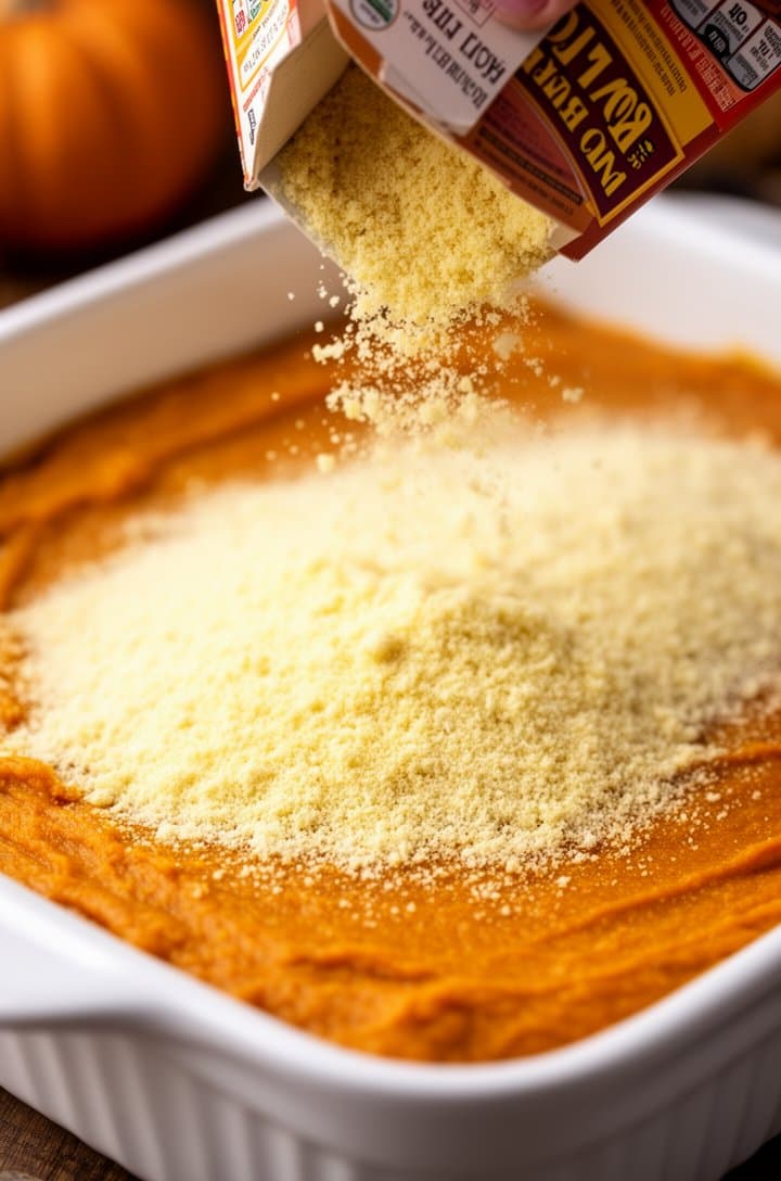 Close-up of a white 9x13-inch baking dish with the orange pumpkin mixture spread in an even layer on the bottom, dry yellow cake mix being sprinkled evenly over the top from a tilted box, half the surface covered showing the contrast between the orange layer and pale dry cake mix, warm side lighting, shallow depth of field