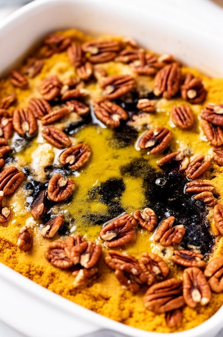 Overhead close-up of the assembled unbaked dump cake in the white baking dish — melted golden butter drizzled across the cake mix surface creating dark wet patches where it has absorbed, chopped raw pecans scattered evenly over everything, ready to go in the oven, bright natural overhead lighting, every texture visible