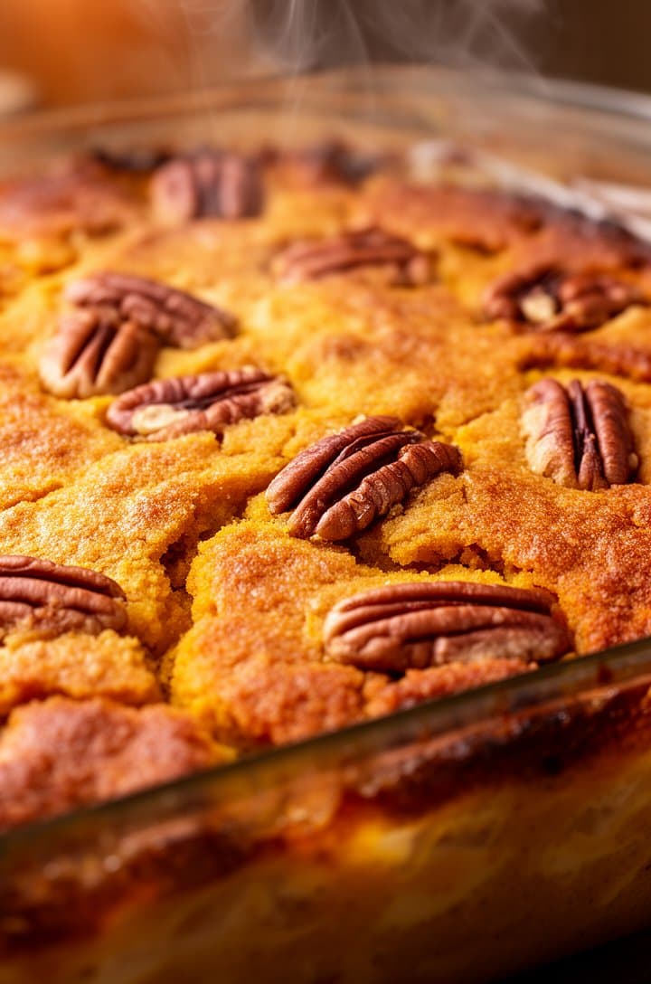 Side-angle macro shot of the baked pumpkin dump cake cooling in the dish, the top deeply golden brown and crispy looking, toasted pecans visible across the crackled surface, caramelized edges where the butter and sugar have browned against the sides of the dish, warm amber tones, steam wisps, shallow depth of field