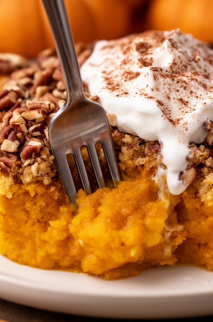 Extreme close-up of a fork cutting into a plated slice of pumpkin dump cake, the tines pulling through the crispy pecan-topped crust and sinking into the soft creamy orange pumpkin custard layer below, whipped cream beginning to melt slightly on top, a cinnamon dusting visible, warm intimate lighting, macro food photography filling the entire frame