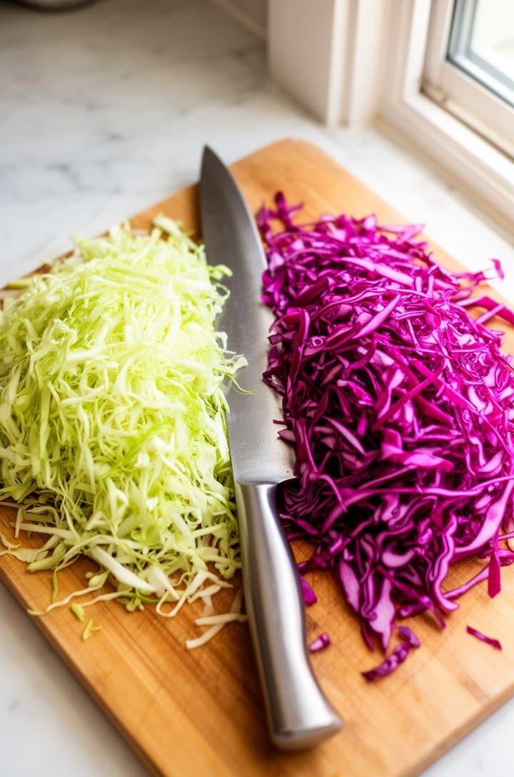 Overhead shot of two piles of finely shredded cabbage on a wooden cutting board — pale green Napa/green cabbage on the left and vibrant purple-red cabbage on the right, with a sharp chef's knife resting between them. Bright natural lighting from a window to the right, clean white marble countertop visible, a few stray shreds scattered naturally
