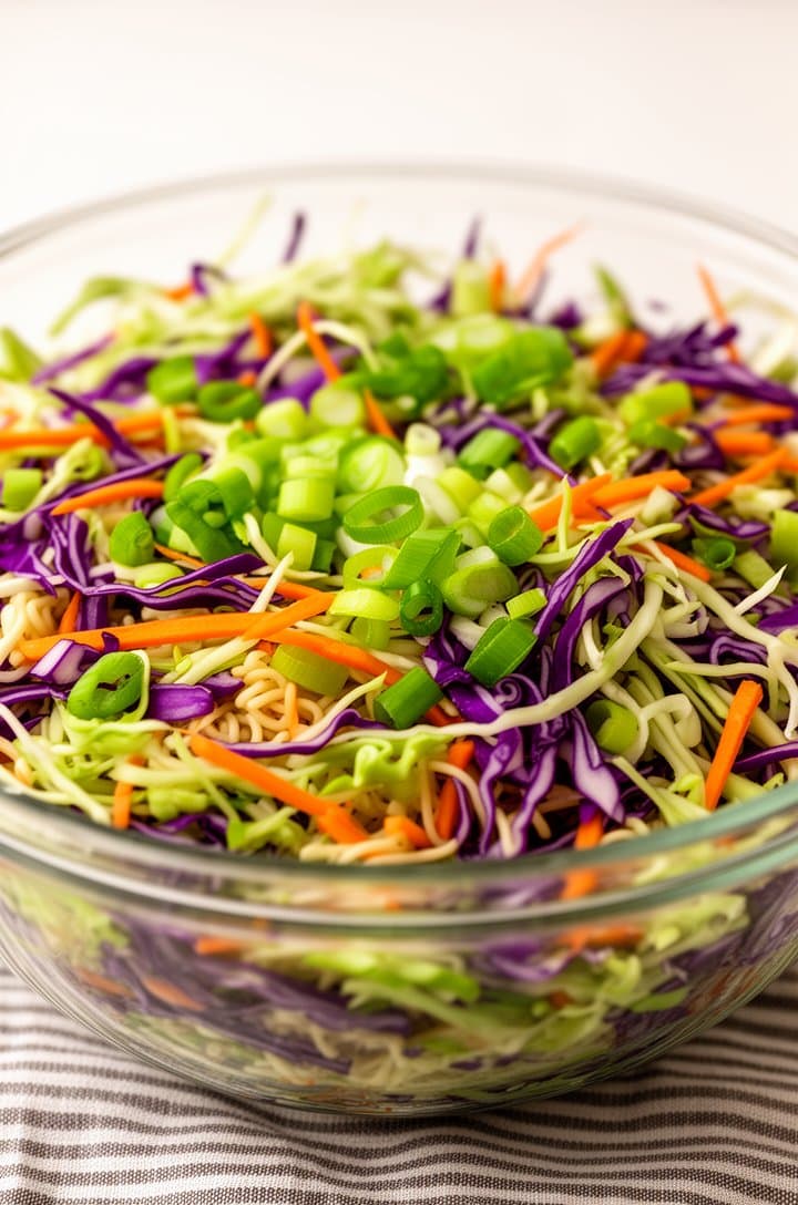 45-degree angle shot of a large clear glass mixing bowl filled with shredded green and purple cabbage, julienned carrots, and sliced green onions before dressing is added. The colors are vibrant and distinct — green, purple, orange, bright green. Natural window lighting, clean white background, a striped kitchen towel underneath