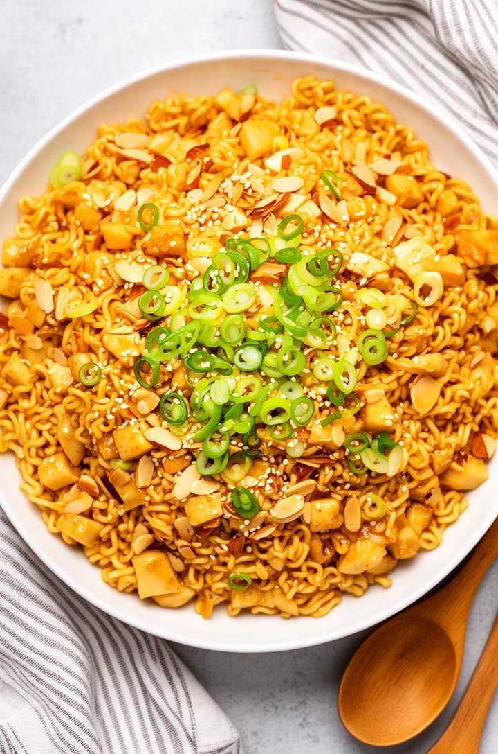 Overhead shot of the fully assembled ramen noodle salad in a large white serving bowl, golden dressing glistening on every piece, broken ramen noodle chunks and toasted almond slivers visible throughout, scattered green onion rings and sesame seeds on top. Shot on a light gray surface with a striped linen napkin and wooden serving spoons beside the bowl, bright natural lighting
