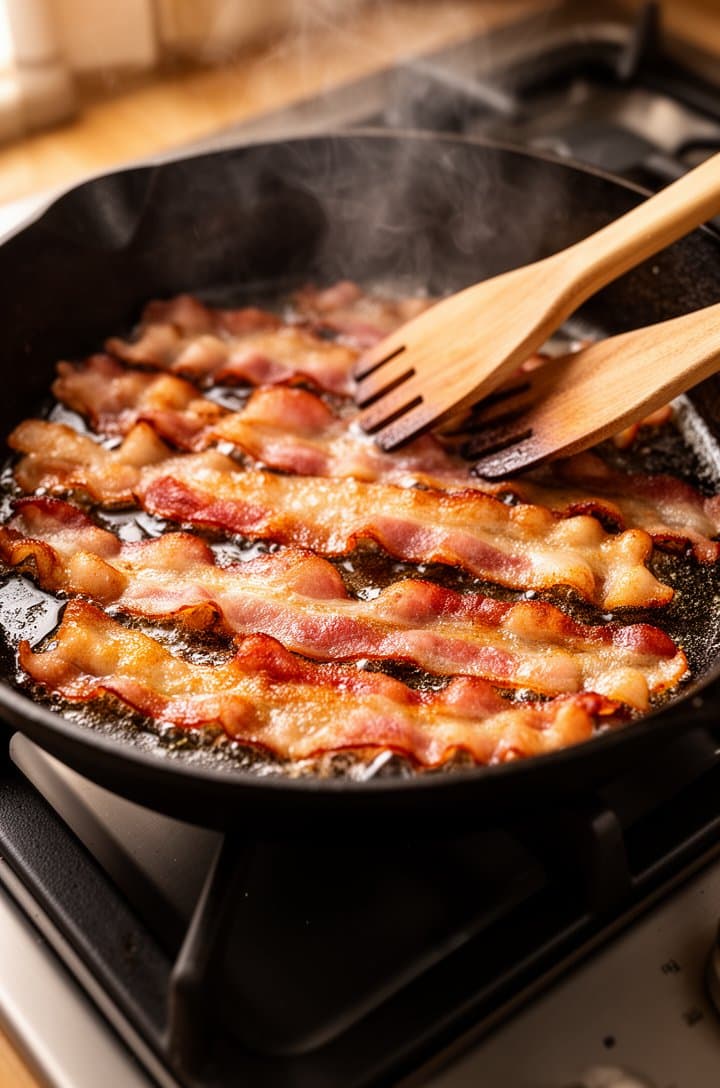 Overhead shot of a skillet on a stovetop with bacon strips cooking until golden and crispy, rendered fat pooling around the edges, wooden tongs resting on the skillet handle, warm kitchen lighting, slight steam rising from the pan, dark cast iron skillet on a gas burner