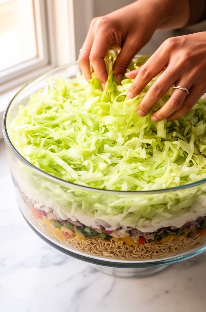 Eye-level shot of a large clear glass trifle bowl with the first layer of shredded pale green iceberg lettuce spread across the bottom, hands visible placing lettuce into the bowl, bright natural window light from the left, clean white marble countertop