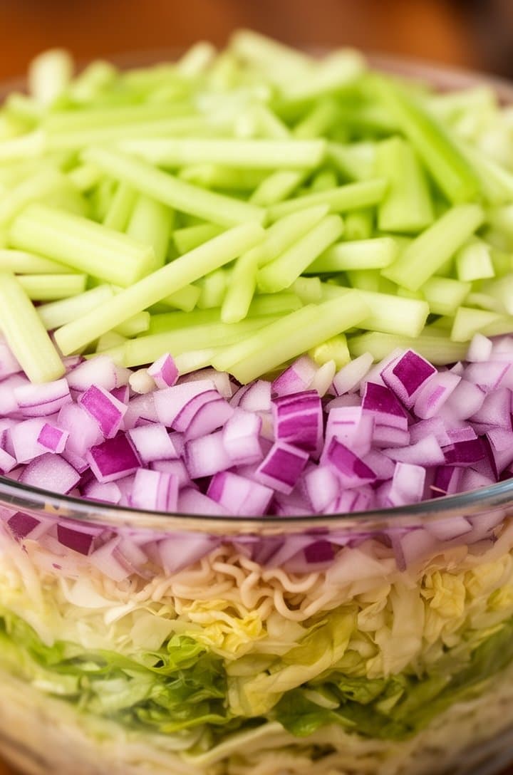 Side-angle close-up of a clear glass bowl showing three completed layers visible through the glass — shredded lettuce on the bottom, diced purple-red onion in the middle, and pale green celery slices on top, each layer distinct and evenly spread, bright even lighting