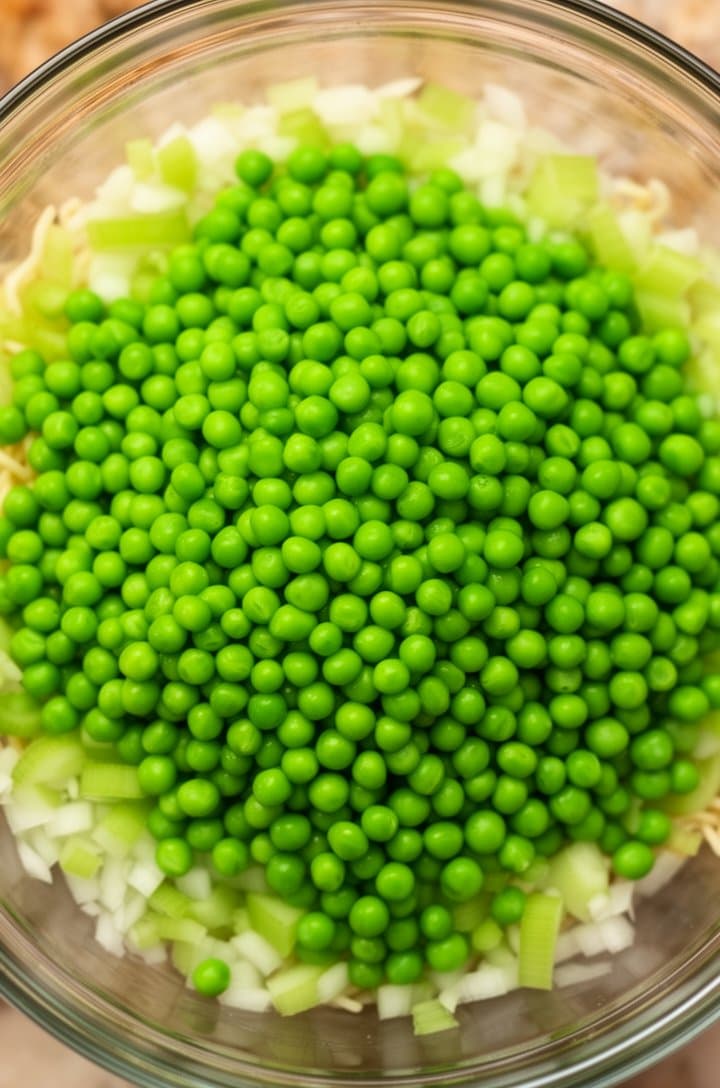 Overhead close-up looking straight down into the glass bowl at bright green thawed peas spread in an even layer, with the edges of the previous celery and onion layers barely visible around the perimeter through the glass, natural top-down lighting, shallow depth of field on the bowl rim