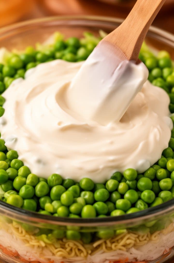 Close-up of creamy white mayonnaise dressing being spread with a spatula over the pea layer in the glass bowl, the dressing touching the glass edges to form a seal, smooth and thick consistency visible, warm side lighting highlighting the glossy surface of the dressing