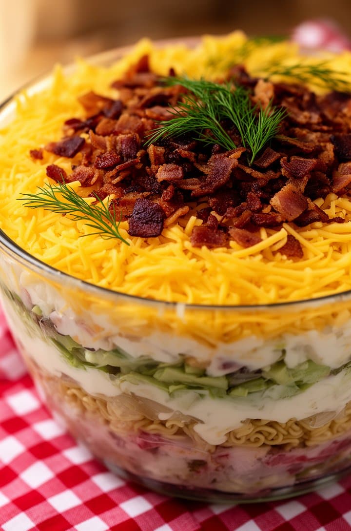 Finished seven layer salad photographed from a 45-degree angle above, golden shredded cheddar and dark crispy bacon crumbles covering the top, all seven layers clearly visible through the side of the glass bowl, placed on a red and white checkered cloth, warm natural lighting, a few sprigs of fresh dill scattered on top as garnish