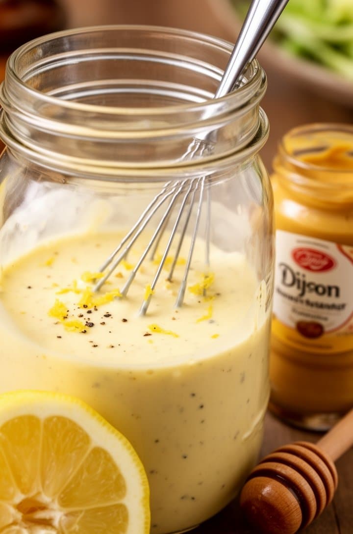 Close-up 45-degree angle of creamy honey mustard dressing being whisked in a wide-mouth mason jar, showing the smooth pale yellow emulsion with visible flecks of lemon zest and black pepper, a small whisk resting in the jar, ingredients scattered nearby — a squeezed lemon half, Dijon mustard jar, honey dipper — warm natural lighting, shallow depth of field