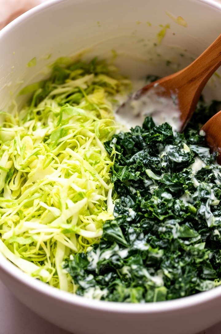 Overhead shot of finely shredded bright green Brussels sprouts and dark chopped kale in a large white ceramic mixing bowl, half the bowl dressed with creamy dressing showing the contrast between undressed dry greens and glossy dressed greens, wooden tongs resting on the bowl edge, natural daylight, clean food photography