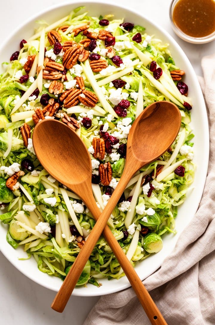Overhead flat-lay of the fully assembled shaved brussels sprout salad on a large white serving platter with two wooden serving spoons crossed over the salad, individual toppings clearly visible — golden pecans, red cranberries, white feta crumbles, apple matchsticks scattered across dressed green shredded sprouts, a folded linen napkin and extra dressing in a small bowl nearby, bright natural daylight, professional food blog styling
